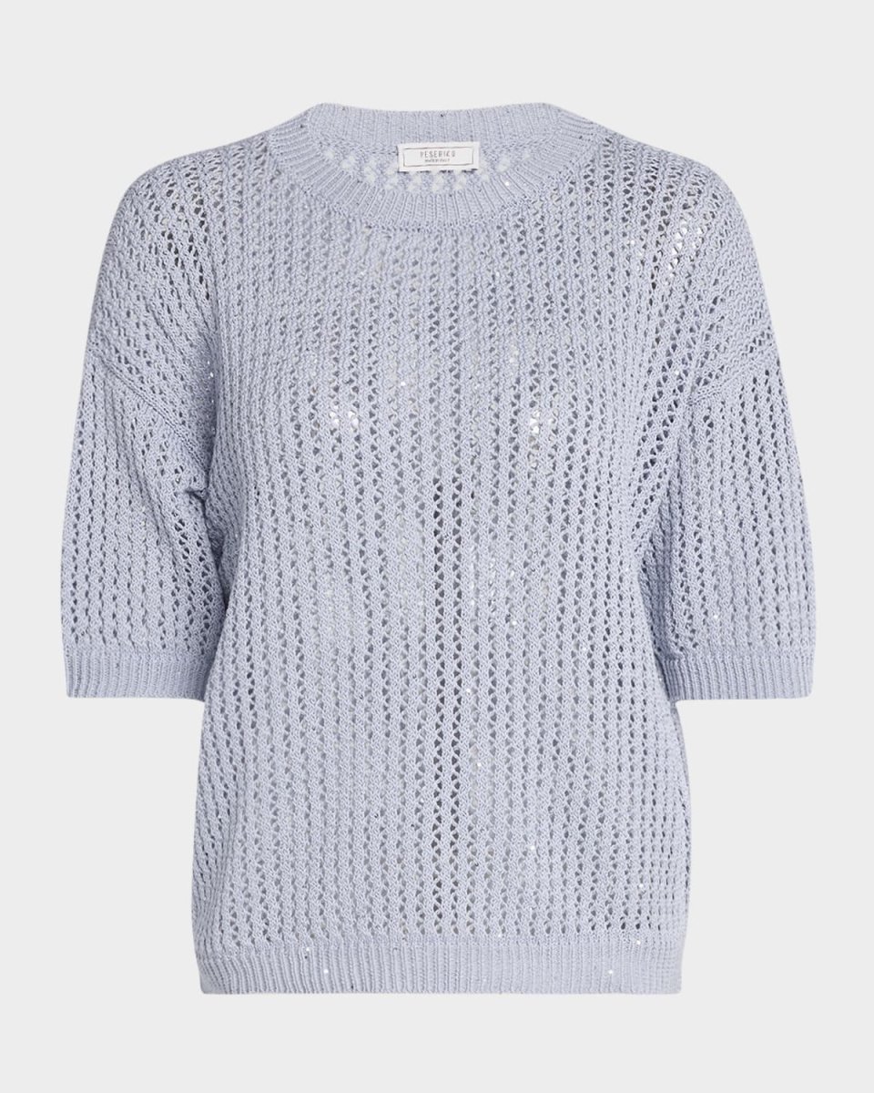 Open-Knit Sequin Crewneck Sweater